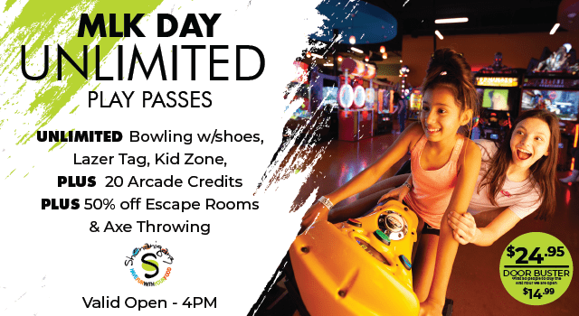 MLK Day Morning Madness unlimited bowling with shoes, arcade video game play, plus 20 arcade credits, plus 50% off axe throwing & Escape Rooms. Valid open - 4 pm. 24.95 per person.